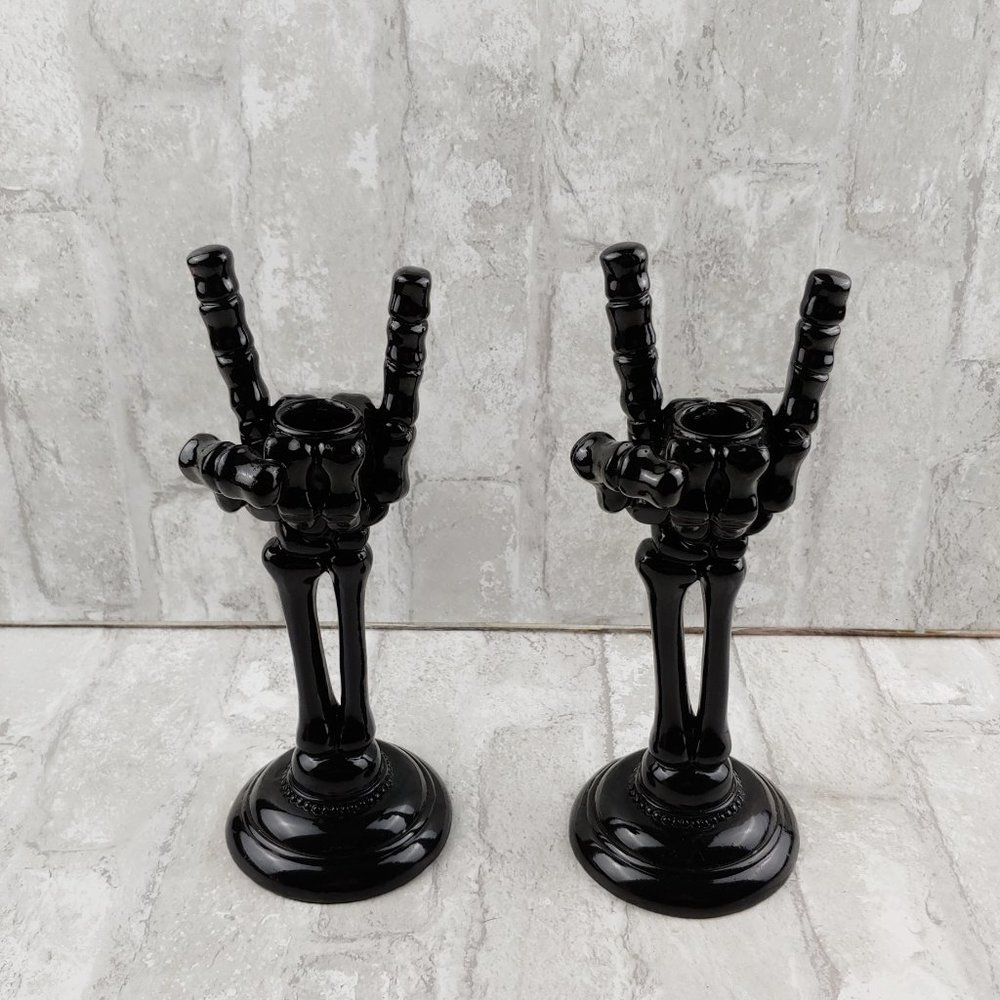 Halloween Black Skeleton Hand Rock On Candlesticks Gothic Decor